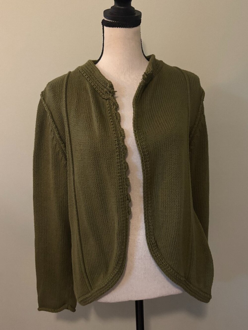 Pure Handknit Olive Green Open Front Cardigan S/M Like New